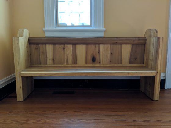 The benches slated to go inside the Memorial Church to recreate where the first legislative assembly met were made by the Ford&rsquo;s Colony Woodworkers Club. Work began on the pews last fall after Givens and Lavin went on a trip to England to gauge how 17th-century churches should look. (WYDaily/Sarah Fearing)