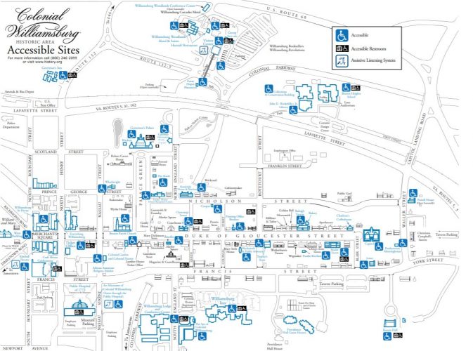 This map highlights areas in the historic area that are accessible to visitors with disabilities. (WYDaily/Courtesy Colonial Williamsburg)