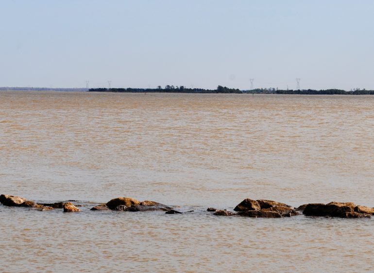 Several of Dominion's towers for the Skiffes Creek Transmission Line can be seen along the horizon from several parts of Jamestown Island, including the bottom tip called Black Point. (WYDaily/Sarah Fearing)