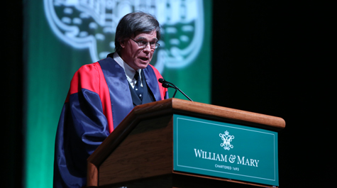 Henry Hart, William & Mary's Mildred and J.B. Hickman Professor of English and Humanities and Poet Laureate of Virginia, delivers his Villanelle honoring President Katherine A. Rowe during her inauguration on Charter Day. (WYDaily/Courtesy Stephen Salpukas)