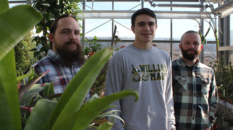 William & Mary Assistant Professor of Biology Josh Puzey (right), undergraduate Scott Teresi (center) and grad student Ron Smith joined a team of researchers to complete the first chromosome-scale assembly of the strawberry genome. Their work, recently published in the journal "Nature Genetics," identifies a quirk in the genome that could fundamentally change how the fruit is bred. (WYDaily/Courtesy Adrienne Berard)