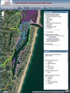 A screenshot of the Comprehensive Map Viewer for a section of Hampton, Virginia’s, Chesapeake Bay shoreline, showing just some of the information available for display by users. Click image to access interactive version.