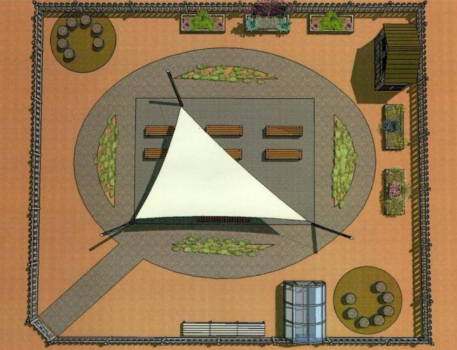The seating area is planned to have a sail over top to prevent harsh sunlight from getting to the students. Conceptual designs are from Williams Landscaping and Design. (WYDaily/Courtesy WJCC Schools Parents and Community Facebook page)