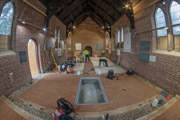 The Memorial Church Tuesday before the Knight's Tombstone was settled into a space in the floor. (WYDaily/Courtesy of Jamestown Rediscovery (Preservation Virginia))