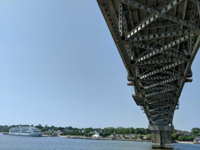 A view of the George P. Coleman Bridge from water level, at the base of one of its caissons. (WYDaily/Sarah Fearing)