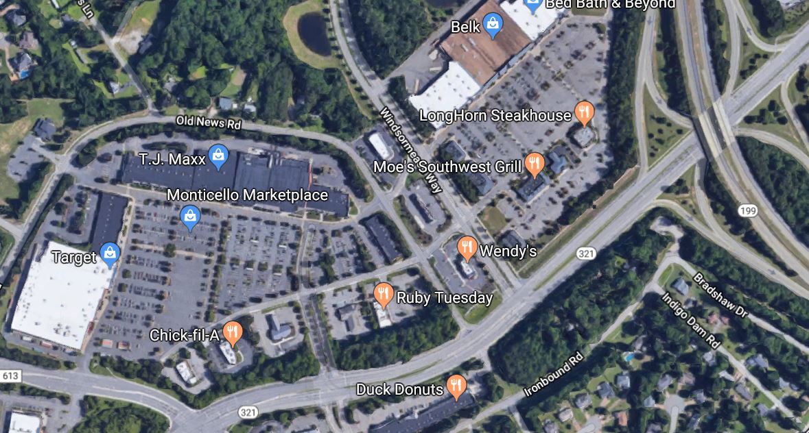 A crash on route 199 and Windsormeade Way caused an Orkin pesticide truck to flip multiple times, spilling hazardous material onto the roadway. (WYDaily/Google Maps) 