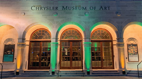 The Chrysler Museum and the Wells Fargo Center were illuminated in green and gold for the evening. (WYDaily/Courtesy of Tiffany Broadbent Beker M.S. '06)