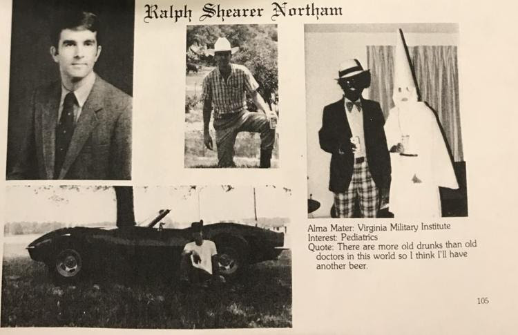 The image shows Gov. Ralph Northam’s page in his 1984 EVMS school yearbook. It’s unclear who the people in the picture are, but the rest of the page is filled with pictures of Northam and lists his undergraduate alma mater and other information about him. (Courtesy of Republican Party of Virginia)