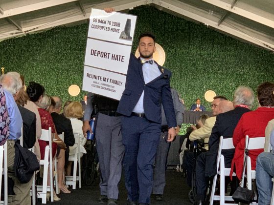 Del. Ibraheem Samirah, D-86th District interrupted Trump&rsquo;s speech at Jamestown Thursday before being escorted out of the tent. (WYDaily/Alexa Doiron)