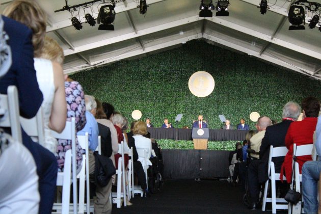 President Donald Trump speaks inside a tent at Jamestown Settlement Tuesday. (WYDaily/Alexa Doiron)