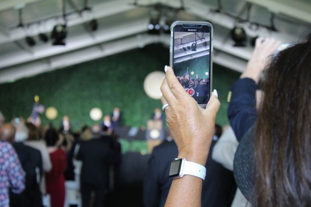 President Donald Trump speaks inside a tent at Jamestown Settlement Tuesday. (WYDaily/Alexa Doiron)
