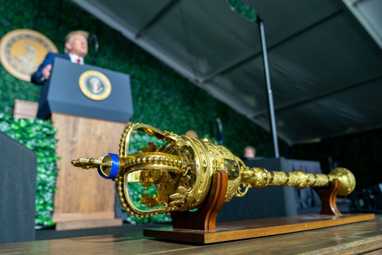 The Mace of the Virginia House of Delegates is seen as President Donald J. Trump delivers remarks to commemorate the 400th Anniversary of the First Representative Legislative Assembly at Jamestown Tuesday. (WYDaily/ Official White House Photo by Shealah Craighead)