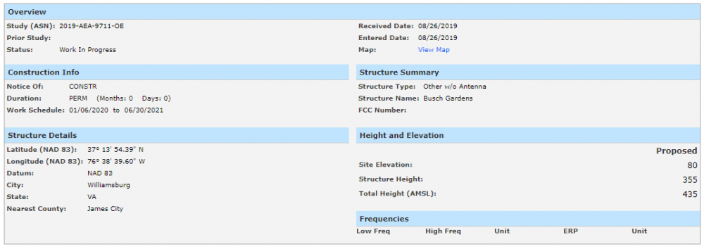 Busch Gardens has submitted a proposal with the FAA to build a 355-foot structure that would reach a peak of 435 feet above sea level, according to the FAA’s obstruction evaluation case management system. (WYDaily/Courtesy of FAA website)