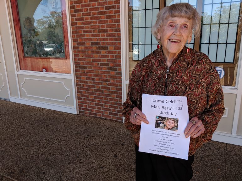 Mari Barb, a WWII veteran and Williamsburg staple, will turn 100 Sept. 16, 2019. She is asking for friends, both current and future, to attend her birthday party Sept. 15. (WYDaily/Sarah Fearing)