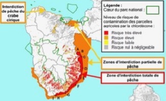 Partial (orange) and complete (red) fishing bans in the coastal waters of southwestern Guadeloupe due to contamination by chlordecone. Also shown are chlordecone risk zones on land. (Pol Kermogrant/Direction de l'alimentation, de l'agriculture et de la forêt de Guadeloupe/VIMS/Southside Daily)
