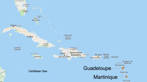 Guadeloupe and Martinique, islands in the French West Indies, lie in the Lesser Antilles, the chain of Caribbean Islands that run southward towards South America. Their contamination by chlordecone, the generic chemical of Kepone, has led to a research partnership between researchers in France and at VIMS. Google Maps.
