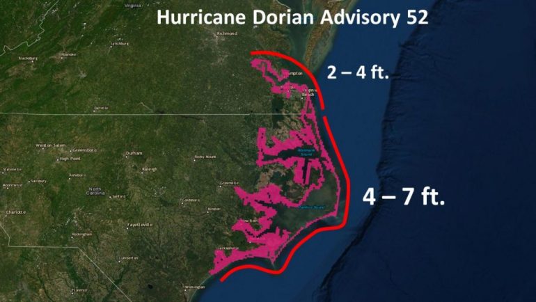 As of 11 a.m. Friday, Hampton Roads had already seen the worst of Dorian's rain and wind, leaving only concern about the 2 to 4 foot storm surge (WYDaily/Courtesy of National Hurricane Center)