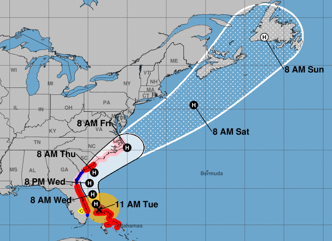 Tuesday's 11 a.m. cone forecast shows Dorian moving along the East Coast this week. (WYDaily/Courtesy of National Hurricane Center)