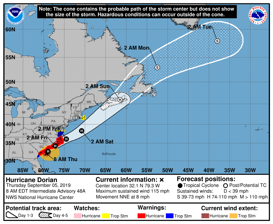 Hurricane Dorian is expected to bring heavy rainfall and flooding to Hampton Roads starting Thursday night into Friday. (WYDaily/Courtesy National Hurricane Center)