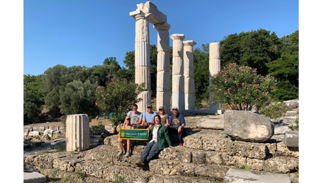 The William & Mary research group is shown in front of the Hieron monument at the Sanctuary of the Great Gods on Samothrace, Greece, this summer. Back row, left to right: Classical Studies Lecturer Andrew Ward, Robert Yancey '19, Elizabeth Dowker '20, Associate Professor of Government and Classical Studies affiliated faculty John Lombardini and front row, left to right: Classical Studies Assistant Professor Jess Paga, post-baccalaureate student Madeleine Nelson. (WYDaily/Courtesy photo)