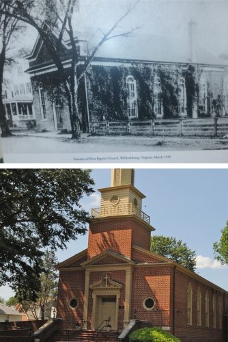 A picture shows the First Baptist Church on Nassau Street compared to the church in its current location on Scotland Street. (WYDaily/Courtesy of Johnette Gordon-Weaver)