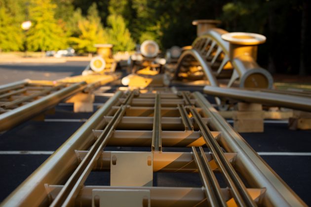 New images released Thursday show new yellow sections of track arriving at Busch Gardens, which will be used to construction Pantheon. (WYDaily/Courtesy of Busch GardensVa PR Twitter)