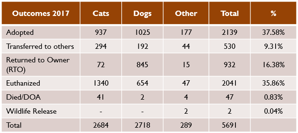 The 2017 outcomes for all animals acquired by the Peninsula Regional Animal Shelter in Newport News (WYDaily/ Courtesy of the city of Newport News)