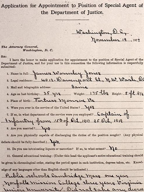 James Wormley Jones' 1919 application for the FBI. (WY Daily/Courtesy FBI)
