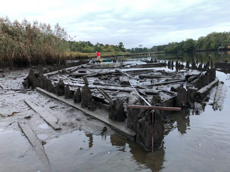 Remains of the Nansemond Ghost Fleet rests at the short of the Nansemond River in Suffolk and is visible at low tide. (WYDaily/Courtesy Hampton History Museum)