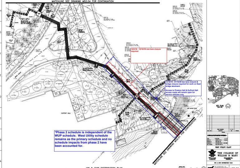 A map of the road closures on the William & Mary campus during December and January. (WYDaily/Courtesy William & Mary)