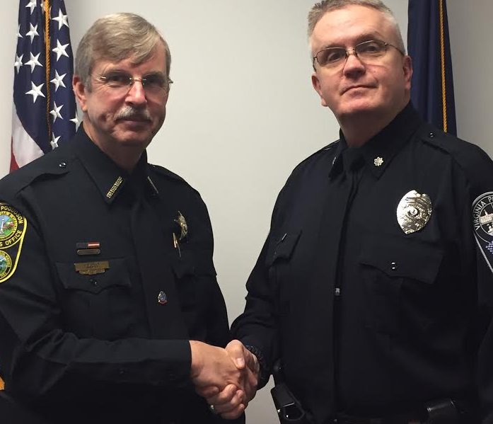 York-Poquoson Sheriff Danny Diggs (left) congratulates Deputy Superintendent/Lt. Col. Roy C. Witham. (WYDaily/Courtesy of Virginia Peninsula Regional Jail)