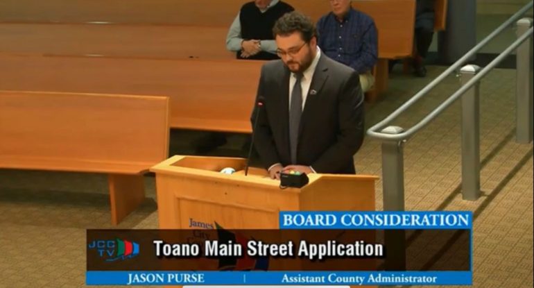 Jason Purse, assistance County administrator for James City County, presented information on the Virginia Main Street program application for Historic Toano. (WYDaily/JCCTV)