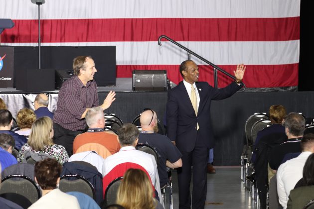 City of Hampton Mayor Donnie Tuck is greeted by audience members at NASA Langley Research Center where Vice President Mike Pence is scheduled to speak Wednesday, Feb. 19, 2020. (WYDaily/Lucretia Cunningham)