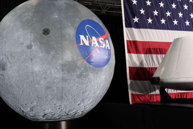 An inflatable globe designed to look like the Moon planks the stage at NASA Langley Research Center where Vice President Mike Pence is set to give remarks Wednesday, Feb. 19, 2020. (WYDaily/Lucretia Cunningham)