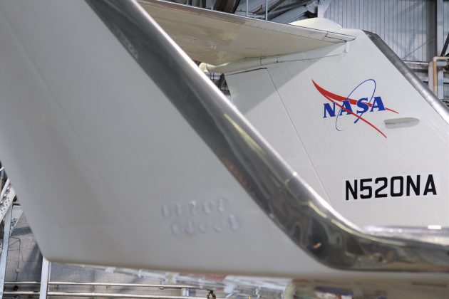 A NASA aircraft is staged in the hangar where Vice President Mike Pence is scheduled to give remarks at NASA Langley Research Center Wednesday, Feb. 19, 2020. (WYDaily/Lucretia Cunningham)