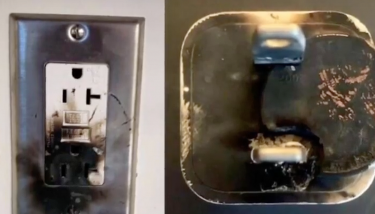 Screenshot of a burned electrical outlet and a burnt coin with a phone charger. (WYDaily/ Courtesy of the Newport News Fire Marshal's Office)