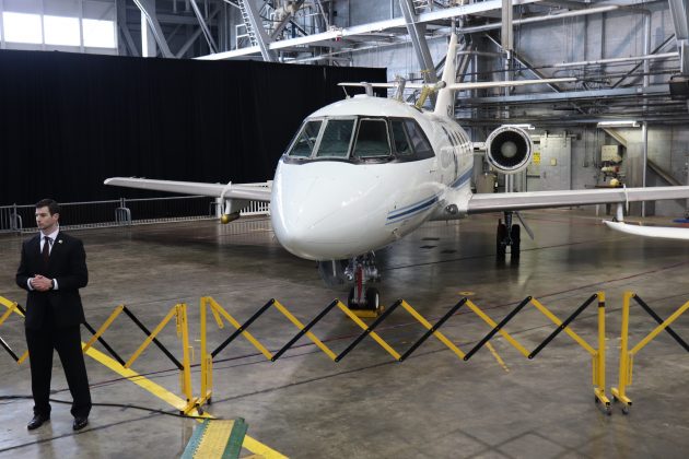 A U.S. Secret Service agent stands guard in the aircraft hangar where Vice President Mike Pence is speaking at NASA Langley Research Center Wednesday, Feb. 19, 2020. (WYDaily/Lucretia Cunningham)