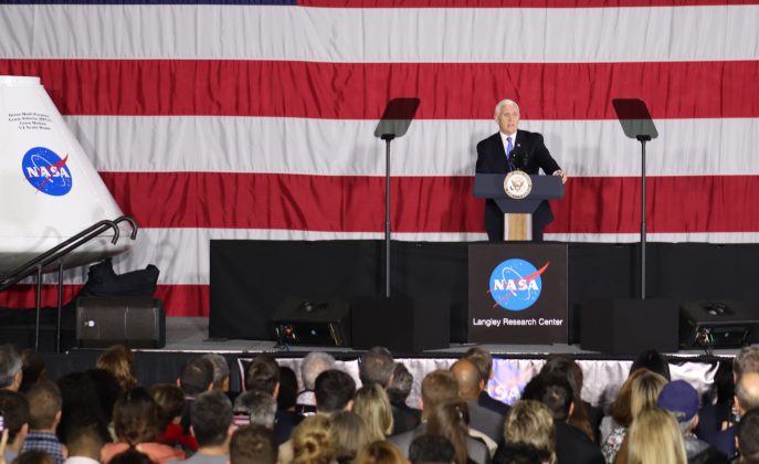 Vice President Mike Pence addresses an audience at NASA Langley Research Center in Hampton Wednesday, Feb. 19, 2020. (WYDaily/Lucretia Cunningham)