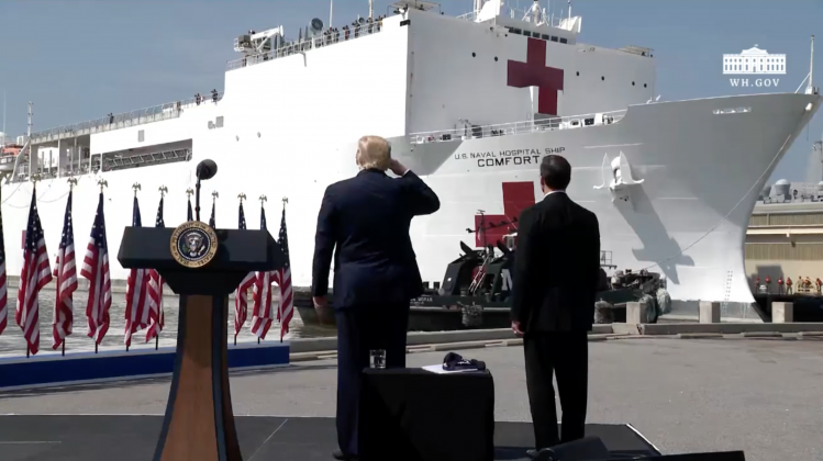 President Donald Trump salutes sailors aboard the USNS Comfort at Naval Station NOrfolk Saturday, March 28, 2020. (WYDaily)