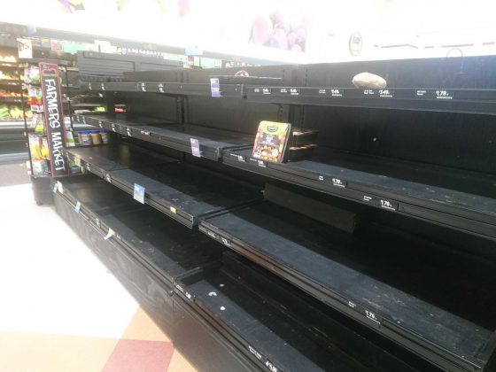 Empty shelves at Harris Teeter in Newport News Sunday, March 15, 2020. (Julia Marsigliano/WYDaily)