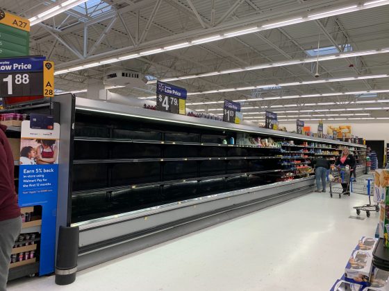Empty shelves at Walmart in Williamsburg Sunday, March 15, 2020. (Alexa Doiron/WYDaily)