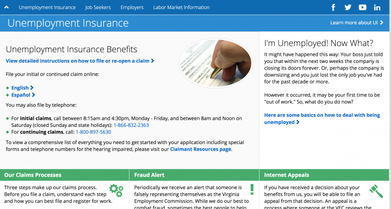 Thousands of Virginians are filing for unemployment benefits due to the coronavirus. (WYDaily/ Screenshot of the Virginia Employment Commission's website)