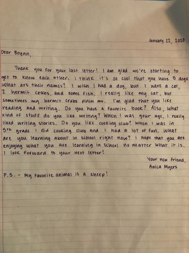 Prior to the school closures, Brynn Larson and high school senior, Anica Myers, had been writing each other each month. (WYDaily/Courtesy Erin Larson)