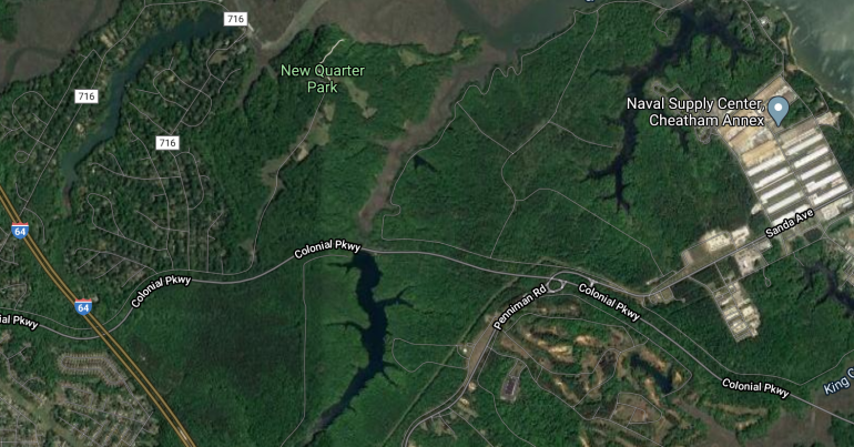 Two people died in a car crash on Colonial Parkway, between Queens Lake and Cheatham Annex in York County. (WYDaily/ Screenshot courtesy of Google Maps)