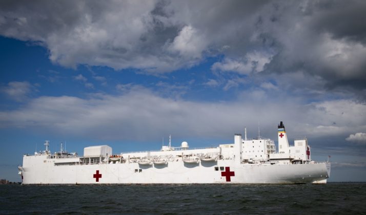 The hospital ship USNS Comfort (T-AH 20) conducts scheduled lifeboat training in accordance with U.S. Coast Guard certification and watch keeping regulations before returning to Naval Station Norfolk. The ship and its embarked medical task force remain prepared for future tasking. The Navy, along with other U.S. Northern Command dedicated forces, remains engaged throughout the nation in support of the broader COVID-19 response. (U.S. Navy photo by Mass Communication Specialist 2nd Class Sara Eshleman)