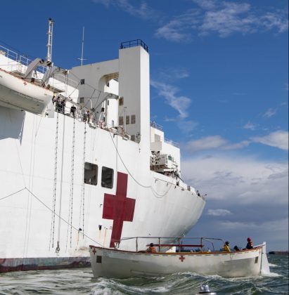 The hospital ship USNS Comfort (T-AH 20) conducts scheduled lifeboat training in accordance with U.S. Coast Guard certification and watch keeping regulations before returning to Naval Station Norfolk. The ship and its embarked medical task force remain prepared for future tasking. The Navy, along with other U.S. Northern Command dedicated forces, remains engaged throughout the nation in support of the broader COVID-19 response. (U.S. Navy photo by Mass Communication Specialist 2nd Class Sara Eshleman)