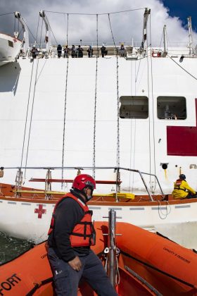 The hospital ship USNS Comfort (T-AH 20) conducts scheduled lifeboat training in accordance with US Coast Guard certification and watch keeping regulations before returning to Naval Station Norfolk. The ship and its embarked medical task force remain prepared for future tasking. The Navy, along with other U.S. Northern Command dedicated forces, remains engaged throughout the nation in support of the broader COVID-19 response. (U.S. Navy photo by Mass Communication Specialist 2nd Class Sara Eshleman)