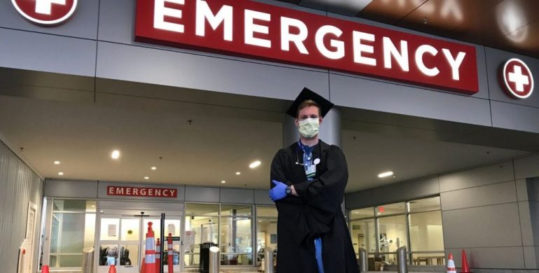 Nathaniel Moore, a physician’s assistant in the Emergency Room at University of Vermont Medical Center, has started a new charity that collects graduation gowns and donates them to health care systems to use as personal protective equipment. (WYDaily/Gowns4Good Facebook)