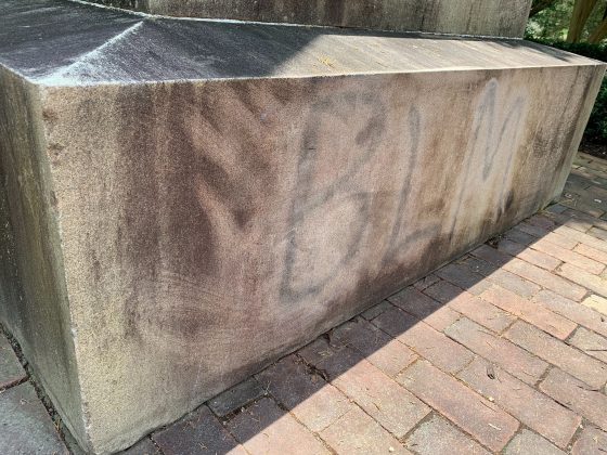 The Confederate memorial at Bicentennial Park was vandalized. Photo taken June 12, 2020. (WYDaily/Alexa Doiron)