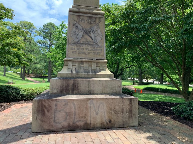 The Confederate memorial at Bicentennial Park was vandalized. Photo taken June 12, 2020. (WYDaily/Alexa Doiron)